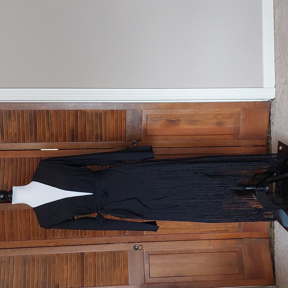 Asos Black Deep Plunge Fringe Maxi Dress Sz 4
